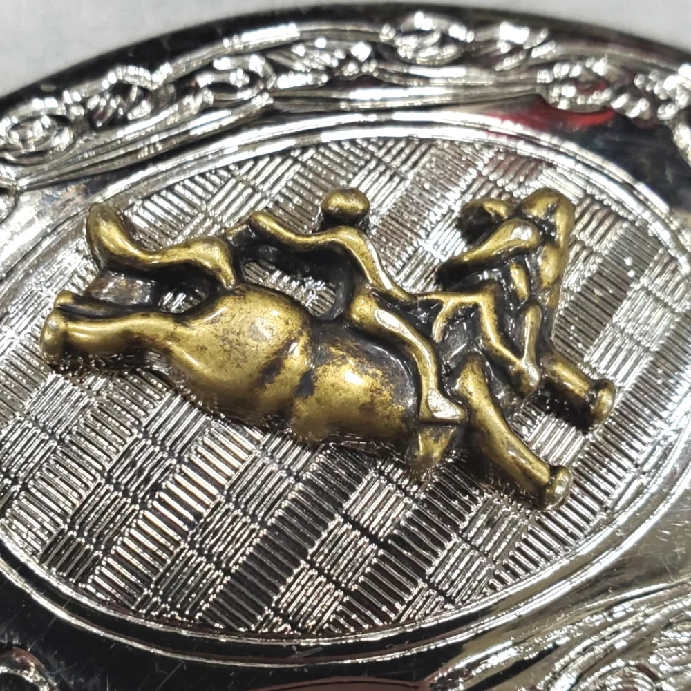 Western belt buckle decorative chrome with antique brass rodeo figure
